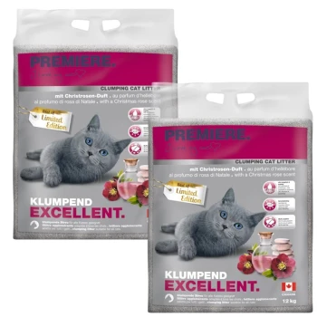 Zwei Säcke Premiere Klumpstreu für Katzen, mit einer grauen Katze auf der Vorderseite, mit Text, der "Limitierte Edition" und "12 kg" angibt.