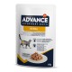 Pâtée pour chats Advance Veterinary Diets Renal, 85g, présentant un chat gris et des morceaux de nourriture sur une assiette, avec un texte sur le soutien à la santé rénale.
