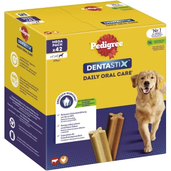 Pedigree Dentastix Daily Oral Care Mega-Pack mit 42 Leckerlis für Hunde, mit einem Golden Retriever und Ansprüchen über zahnmedizinische Vorteile.