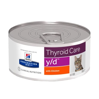 Dosenfutter für Katzen mit der Aufschrift "Thyroid Care y/d™ mit Huhn" von Hill's Prescription Diet, mit einem Katzenbild und dem Text "Veterinärmedizinisch exklusiv".