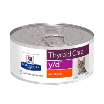Dosenfutter für Katzen mit der Aufschrift "Thyroid Care y/d™ mit Huhn" von Hill's Prescription Diet, mit einem Katzenbild und dem Text "Veterinärmedizinisch exklusiv".