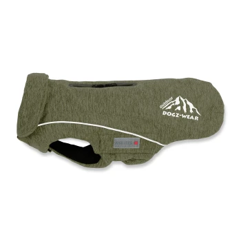 Grüne Outdoor-Hundejacke mit Reißverschluss, reflektierendem Streifen und den Logos "Outdoor Dogz-Wear" und "Wolters".