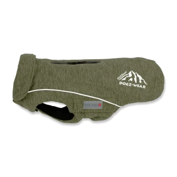 Grüne Outdoor-Hundejacke mit Reißverschluss, reflektierendem Streifen und den Logos "Outdoor Dogz-Wear" und "Wolters".