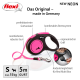 Flexi Neon-Hundeleine in Pink und Schwarz, mit ergonomischem Griff, komfortablem Bremssystem und einem 5m robusten Riemen für Hunde bis 15kg.