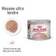 Nourriture pour chats en conserve étiquetée 'Royal Canin Mother & Babycat', présentant une mousse ultra-tendre pour les chatons de 1 à 4 mois.