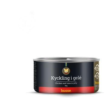 Dose Husse Tierfutter, beschriftet mit "Kyckling i gelé" (Huhn und Thunfisch in Gelee), 80g, mit einem Cartoon-Katzenlogo und Nährwertangaben.