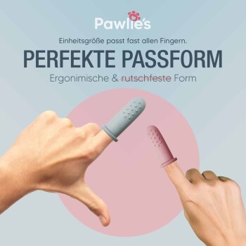 Pawlie's Fingerzahnbürsten in Blau und Pink, die ergonomisches Design und rutschfesten Griff zeigen, mit Text, der die perfekte Passform hervorhebt.
