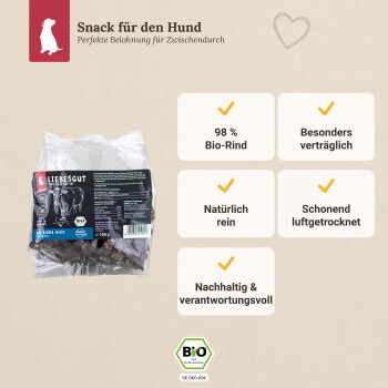 Tüte mit Liebesgut schonend luftgetrockneten Hundesnacks mit Kopfkarte 'Snack für den Hund', Angaben '98% Bio-Rind', 'Natürlich rein', 'Schonend luftgetrocknet' und BIO-Siegel