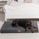 Ein schwarz-brauner Dobermann ruht auf einem grauen Haustierbett mit einem Lederschild, in einem gemütlichen Schlafzimmer mit einem weißen Bettgestell.