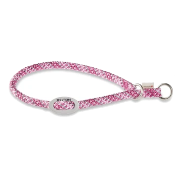 Rosa-weiß geflochtenes Hundehalsband mit Metallring und „WOLTERS“-Anhänger auf weißem Hintergrund.