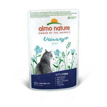 Almo Nature Urinary Help Nassfutter für erwachsene und reife Katzen, mit einer grauen Katzen-Silhouette und floralem Design, beschriftet mit "Mit Fisch."