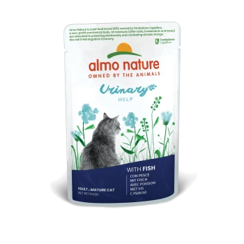 Almo Nature Urinary Help Nassfutter für erwachsene und reife Katzen, mit einer grauen Katzen-Silhouette und floralem Design, beschriftet mit "Mit Fisch."