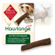 Natürlicher Hundekau-Snack aus 100% Hirschgeweih, beschriftet mit "Kaustange", Größe S, mit Text, der Mineralien, zahnärztliche Unterstützung und Hundebindung hervorhebt.