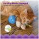 Eine verspielte orangefarbene Katze spielt mit einem blauen Spielzeug mit bunten Federn, beschriftet mit "Hunting Mode: Engaged" und "Federn reizen und verführen."