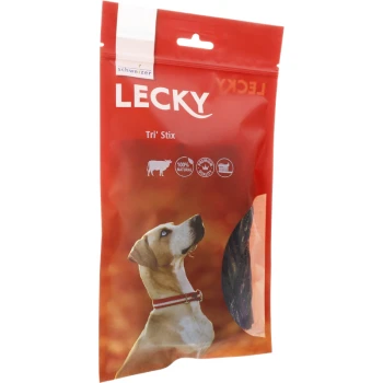 Tri' Stix 4 Stück, 15 cm Rote Verpackung für Lecky Tri' Stix Hundeleckerlis mit einem Hund, der nach oben schaut, mit Symbolen, die 100% natürlich und Premium-Qualität anzeigen.