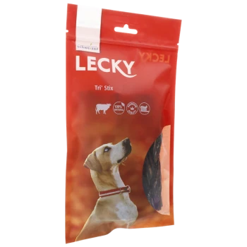 Rote Verpackung für Lecky Tri' Stix Hundeleckerlis mit einem Hund, der nach oben schaut, mit Symbolen, die 100% natürlich und Premium-Qualität anzeigen.