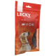 Emballage rouge pour les friandises pour chiens Lecky Tri' Stix avec un chien regardant vers le haut, avec des icônes indiquant 100% naturel et qualité premium.