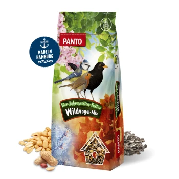 Bunte PANTO Wildvogel-Mix-Tüte mit Vogelillustrationen und dem Text "Vier-Jahreszeiten-Futter" und "Wildvogel-Mix."