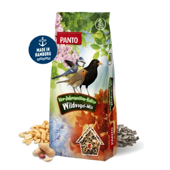 Bunte PANTO Wildvogel-Mix-Tüte mit Vogelillustrationen und dem Text "Vier-Jahreszeiten-Futter" und "Wildvogel-Mix."