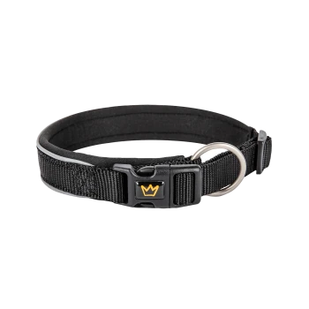 Schwarzes verstellbares Haustierhalsband mit einer stabilen Schnalle und einem metallenen D-Ring, mit einem kleinen gelben Kronenlogo auf der Schnalle.