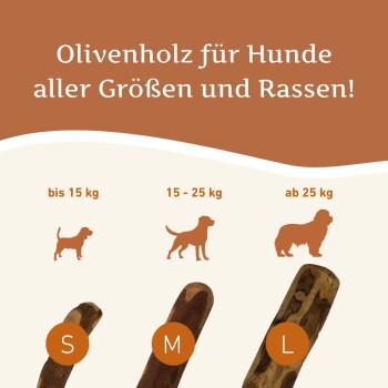 Olivenholz-Kauspielzeug für Hunde, Größe S (16-19 cm), geeignet für Hunde mit einem Gewicht von 10-15 kg, mit sichtbaren Verpackungsdetails.