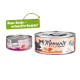 Zwei "Moments" Katzenfutterdosen: links "Missed You" Huhn & Thunfisch; rechts zeigt eine graue Katze mit "Huhn & Thunfisch." Grünes Banner liest "Neues Design!"