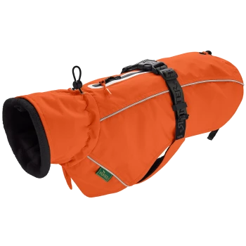 Helle orangefarbene Hundejacke mit schwarzem Fleece-Futter, mit reflektierenden Streifen und verstellbaren Riemen für einen sicheren Sitz.
