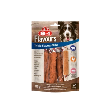 8in1 Flavours Triple Flavour Ribs Haustier-Leckerli-Packung, mit drei verschiedenen Geschmacksrichtungen: Rind, Huhn und Schwein. 113g.