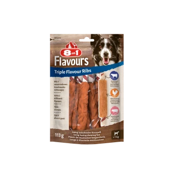 8in1 Flavours Triple Flavour Ribs Haustier-Leckerli-Packung, mit drei verschiedenen Geschmacksrichtungen: Rind, Huhn und Schwein. 113g.