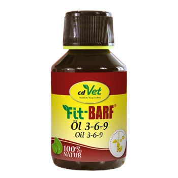 Flasche cdVet Fitt-BARF Öl 3-6-9, gekennzeichnet als 100% natürlich, entworfen für die Haustiernahrung.