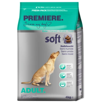Hundefutterverpackung mit einem Golden Retriever, beschriftet mit "PREMIERE. Ich liebe meinen Hund," 4 kg, mit den Angaben "weich" und "halbfeucht."