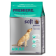 Emballage de nourriture pour chien avec un golden retriever, étiqueté "PREMIERE. J'aime mon chien," 4 kg, avec les mentions "doux" et "Halbfeucht."