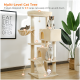 Mehrstöckiger Katzenbaum mit 7 Ebenen für 2-3 große Katzen, mit zwei Katzen, die oben sitzen, und einer in einem Versteck.