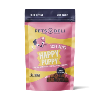 Kolorowa torba na karmę dla psów oznaczona "Happy Puppy Soft Bites", z rysunkowym szczeniakiem i tekstem wskazującym, że jest bezglutenowa i bezcukrowa.