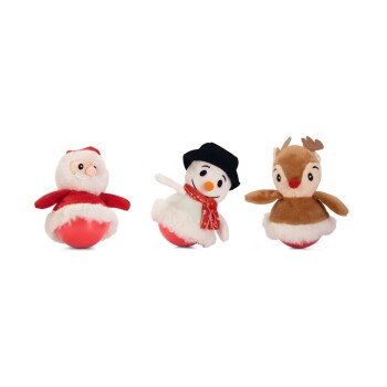 Three plush Christmas-themed pet toys shaped like Santa, a snowman, and a reindeer on red bases against white background.