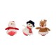 Three plush Christmas-themed pet toys shaped like Santa, a snowman, and a reindeer on red bases against white background.