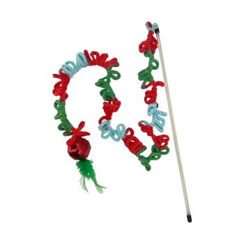 Cat teaser wand toy with red, green, and blue curly fabric, a red bell, and green feathers on a white background.