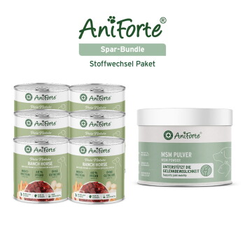 AniForte Spar-Bundle: sechs 'Ranch Horse'-Tierfutterdosen und eine Dose MSM-Pulver mit der Aufschrift 'Unterstützt die Gelenkbeweglichkeit'.