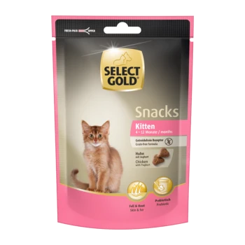 Select Gold Snacks zakje kattensnoepjes voor kittens, 4–12 maanden, graanvrij kip met yoghurt, roze zak met foto van een kitten.