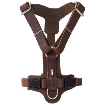 Braunes Leder-Haustiergeschirr mit Metallringen und verstellbaren Clips, entworfen für Komfort und Kontrolle.