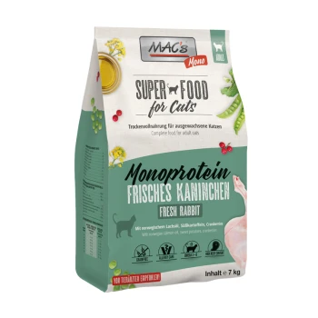 MAC's Mono Super Food für Katzen, 7 kg Beutel, mit "Frisches Kaninchen" als Hauptzutat, mit Details zu den ernährungsphysiologischen Vorteilen.