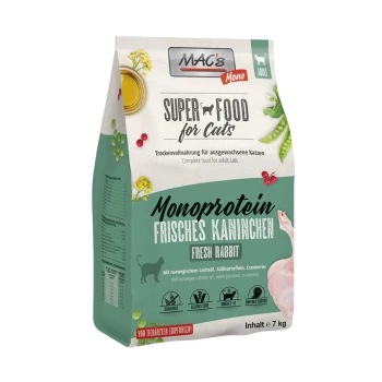MAC's Mono Super Food für Katzen, 7 kg Beutel, mit "Frisches Kaninchen" als Hauptzutat, mit Details zu den ernährungsphysiologischen Vorteilen.