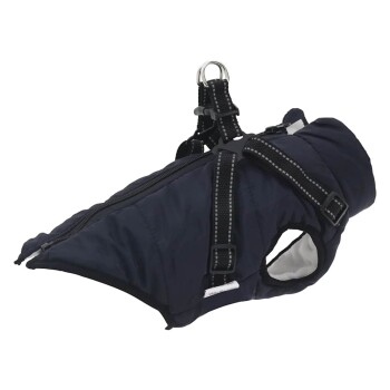 Eine marineblaue Hundejacke mit Reißverschluss und verstellbaren Geschirrriemen, mit einem weichen Innenfutter und einem Metall-D-Ring zur Leinenbefestigung.