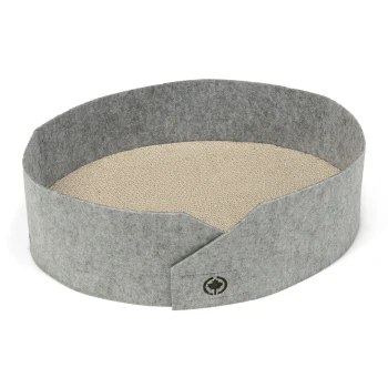 Grauer Filzkratzbaum für Katzen mit runder Form und einer strukturierten Sisaloberfläche zum Kratzen.