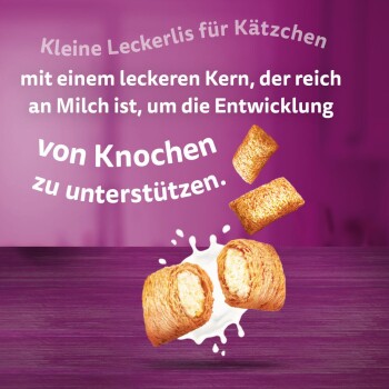 Kleine Leckerli für Kätzchen mit einem leckeren Kern, reich an Milch, zur Unterstützung der Knochenentwicklung.