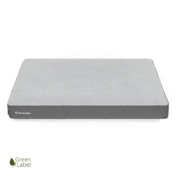 Grau Haustierbett mit weichem Oberteil und dunklen grauen Seiten, mit dem Logo "Doctor Bark" und einem "Green Label" Emblem.