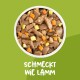 Haustierfutter-Werbung auf grünem Hintergrund mit "Schmeckt wie Lamm" und Highlights wie glutenfrei, hochwertiges Sojaprotein und gesunde Haut.