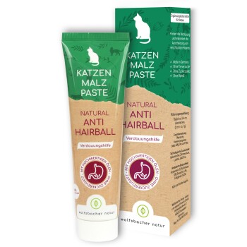 Natürliche Anti-Haarball-Paste für Katzen in einer grünen und braunen Tube, mit Text in deutscher Sprache und einer Katzensilhouette auf der Verpackung.