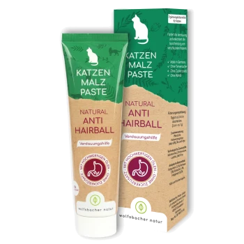 Natürliche Anti-Haarball-Paste für Katzen in einer grünen und braunen Tube, mit Text in deutscher Sprache und einer Katzensilhouette auf der Verpackung.