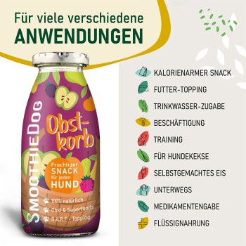 Bild von SmoothieDog Snacks mit drei bunten "Obstkorb"-Flaschen, die Vorteile hervorheben: vielseitig, hydratisierend, hochwertig, zuckerfrei, kalorienarm.
